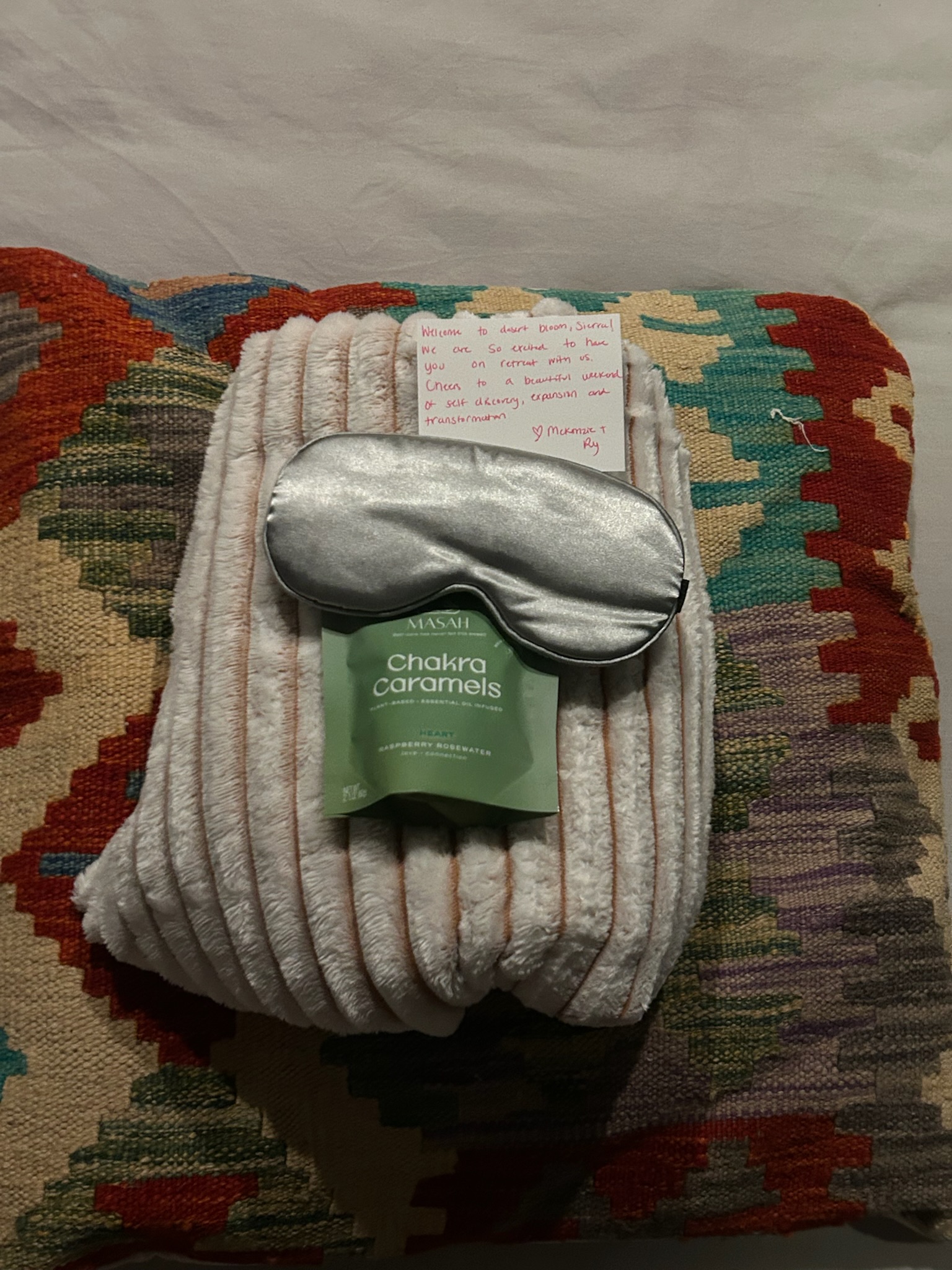 Retreat welcome details with blanket and tea